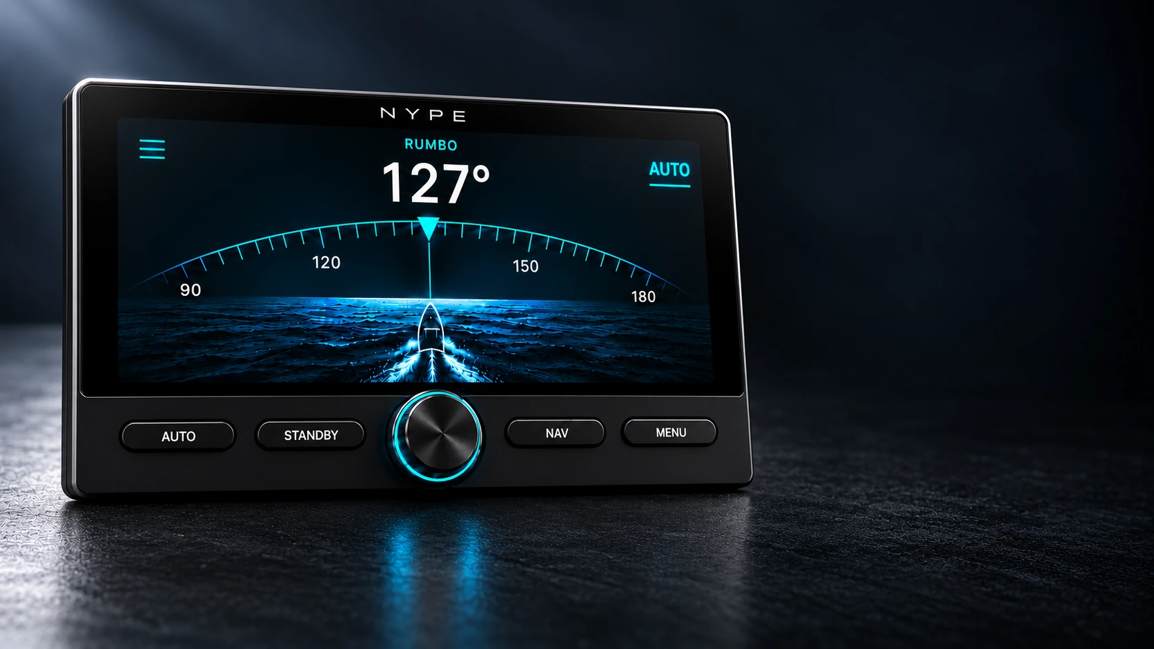 Pantalla NYPE con dial central iluminado en cian y botones AUTO, STANDBY, NAV y MENU.